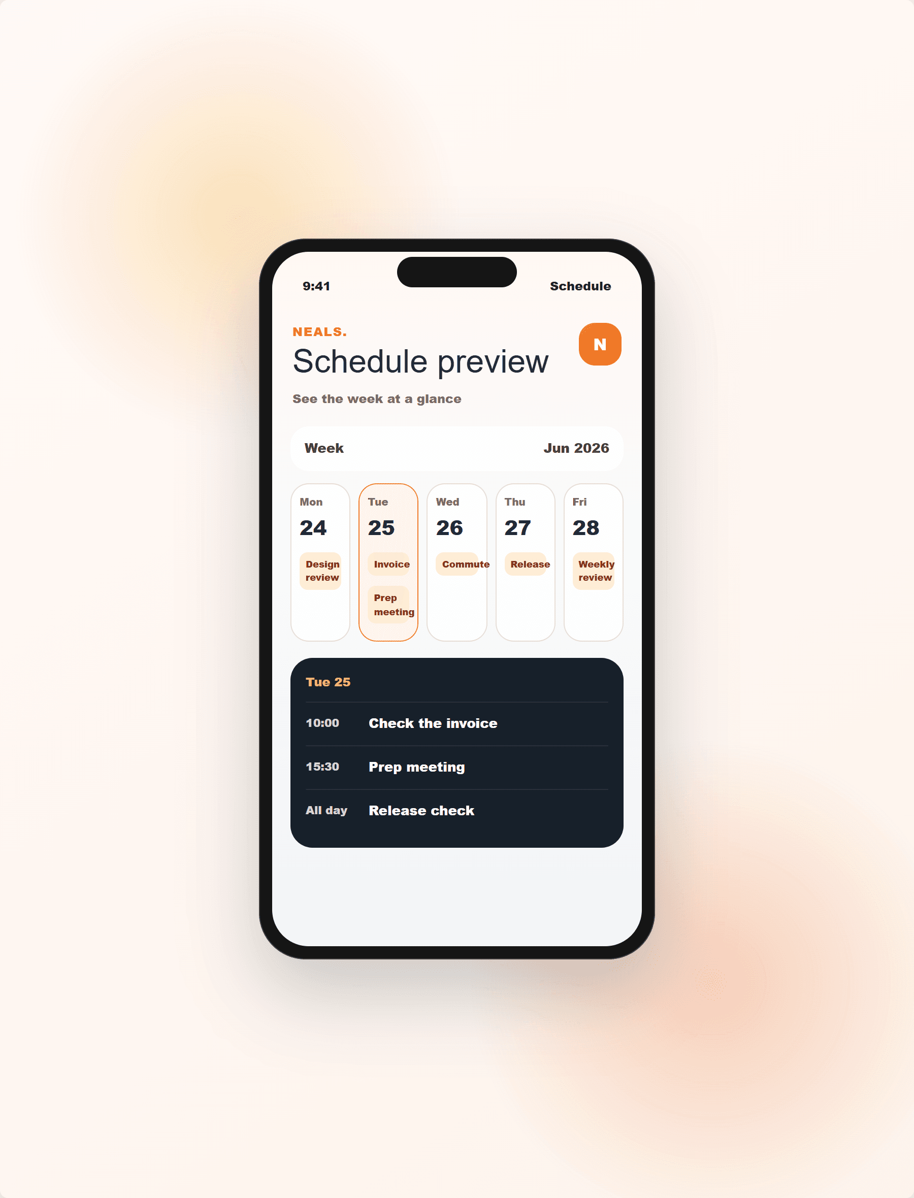 NEALS calendar screen