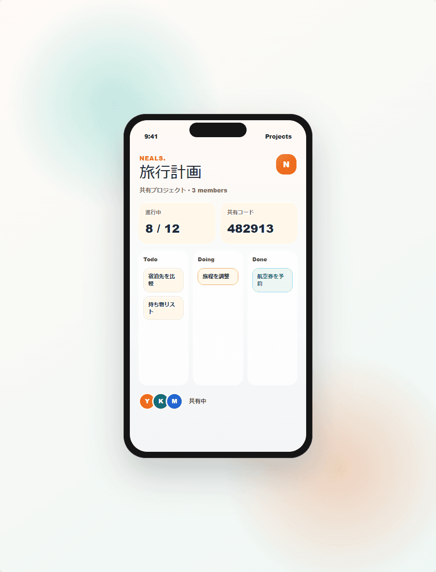 NEALSの共有プロジェクト画面。Todo、Doing、Doneの看板とメンバーが表示されている。